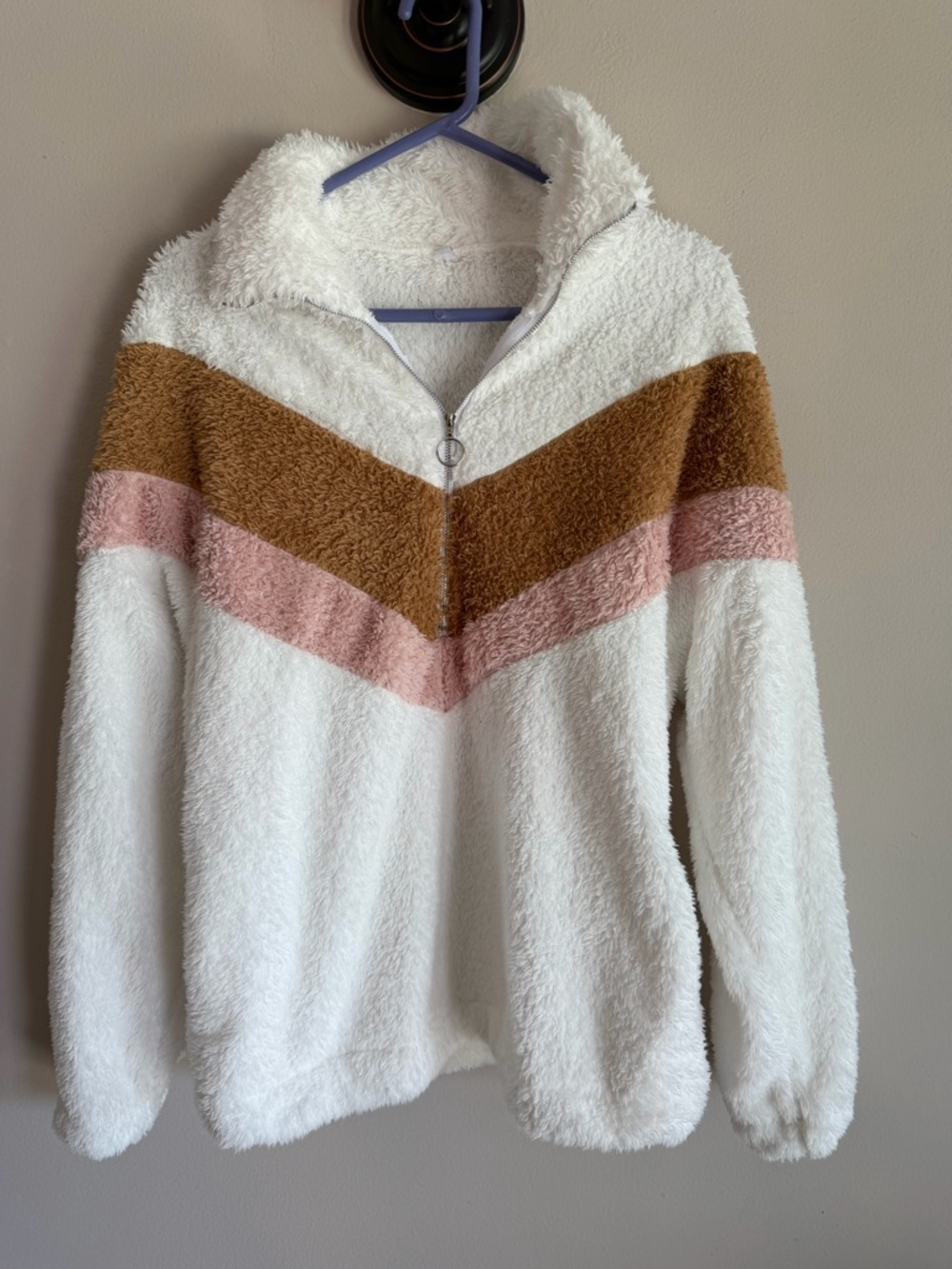 Womens Chevron Colorblock Sherpa Fleece Quarter Zip Pullover White Brown Pink M